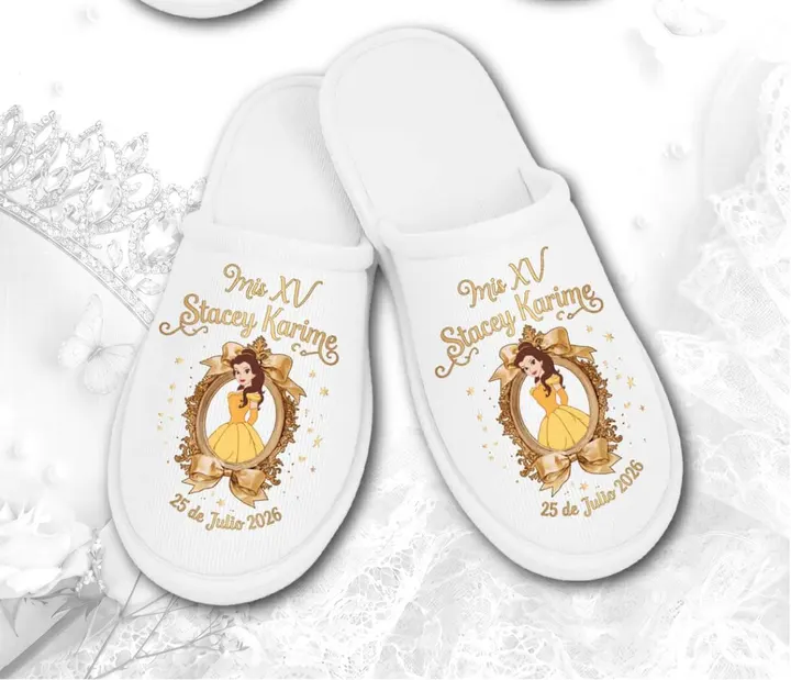 Pantufla XV · blanca con princesa de vestido amarillo en marco dorado