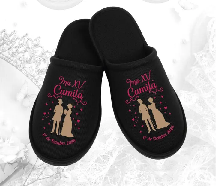 Pantufla XV · negra con la pareja del vals en rosa mexicano