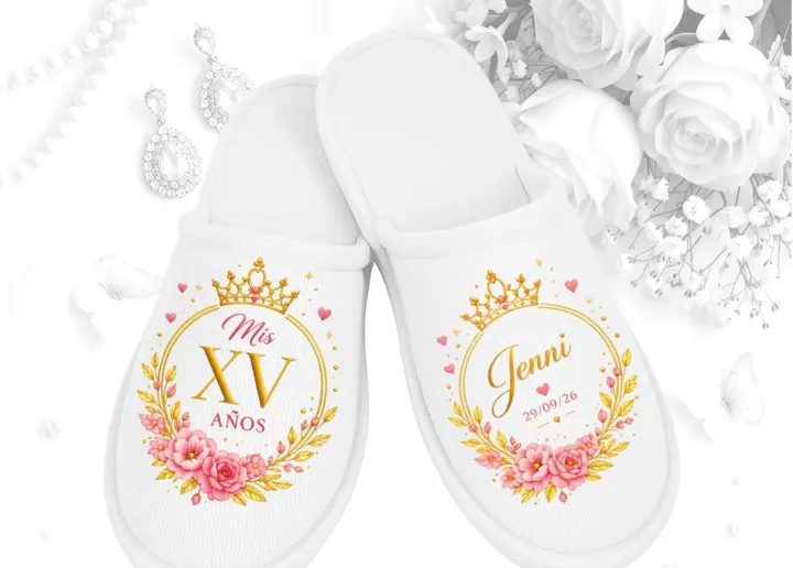 Pantufla XV · blanca con corona dorada y marco de rosas