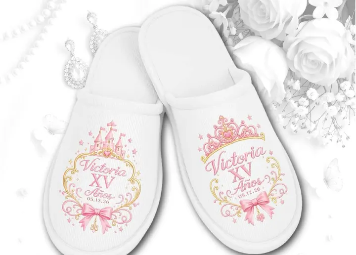 Pantufla XV · blanca con castillo rosa y marco dorado