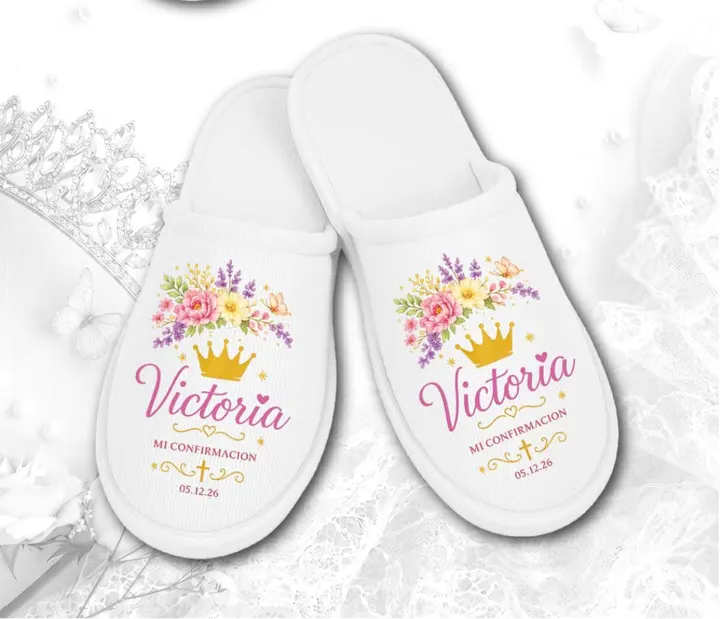 Pantufla XV · blanca con corona de flores de colores