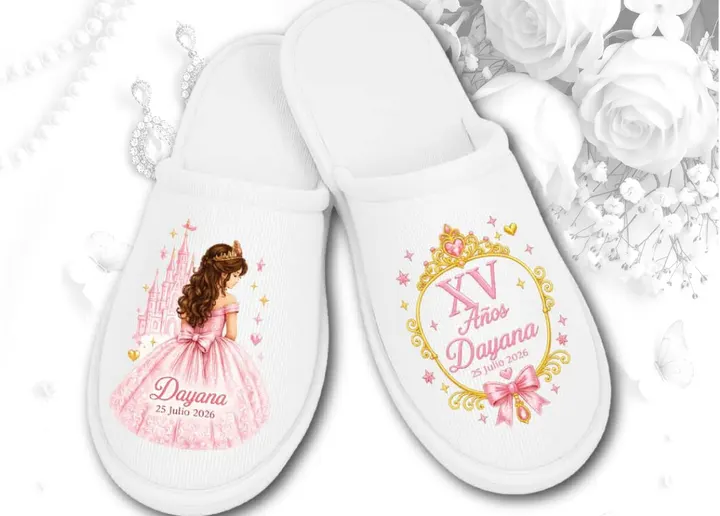 Pantufla XV · blanca con princesa de vestido rosa y marco de estrellas